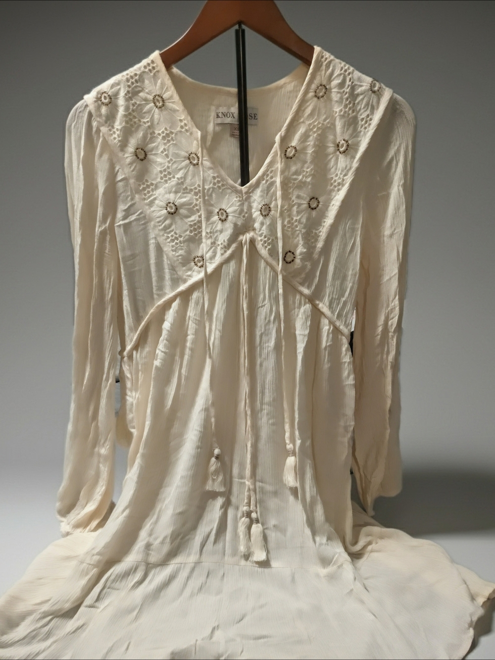 Knox Rose Cream Embroidered V-Neck Dress with Tassel Ties
